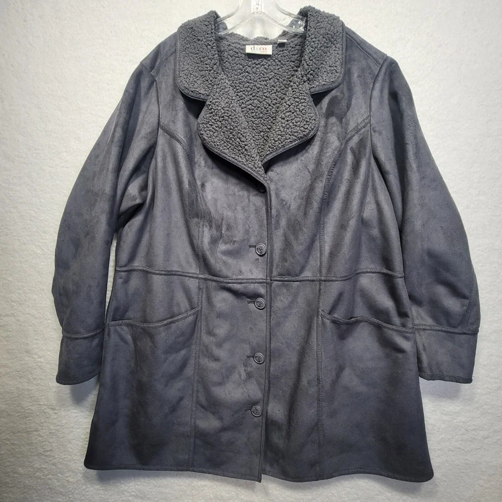 Denim & Co Coat Size 2XL Women's Grey Long Faux Suede & Sherpa Lined
